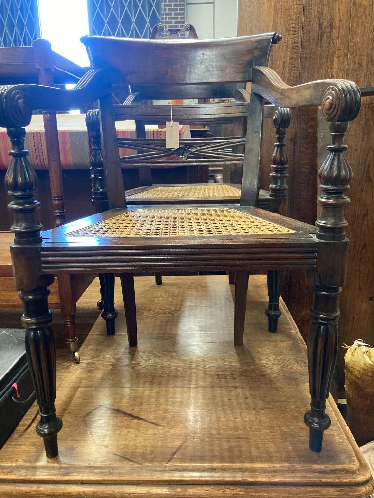 A pair of carved hardwood Anglo Indian elbow chairs with cane seats